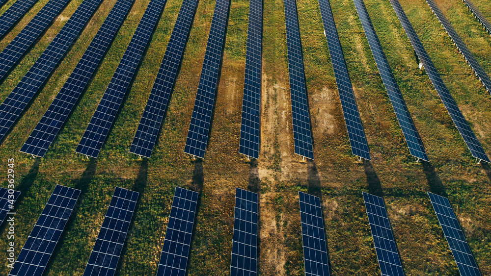 Obraz premium Solar panels in aerial view. Solar panels system power generators from sun