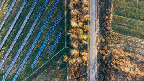 Solar panels in aerial view. Solar panels system power generators from sun