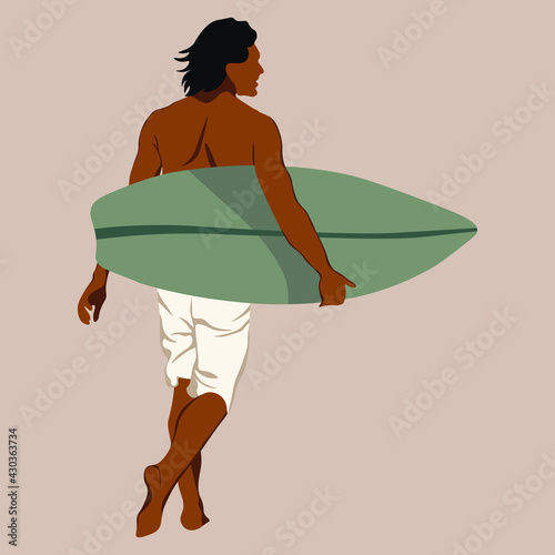 Men in shorts with surfboard. Happy guy on beach in swimsuit holding a surf. Cartoon summer male character.