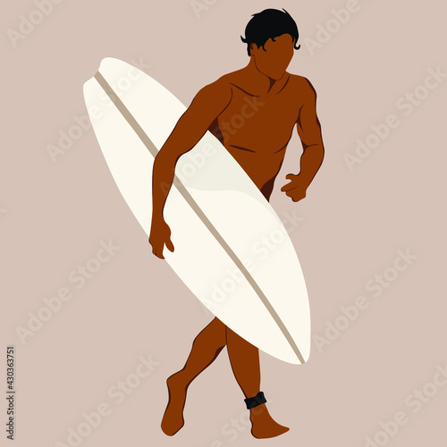 Men in shorts with surfboard. Happy guy on beach in swimsuit holding a surf. Cartoon summer male character.