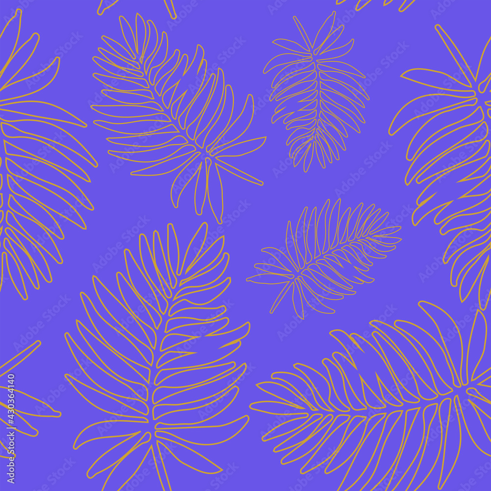 Seamless pattern of golden palm leaves on a purple background. Vector background of tropical leaves. Vector illustration in flat style for wallpaper decoration Seamless pattern of golden palm leaves on a purple background. Vector background of tropical leaves. Vector illustration in flat style for wallpaper decoration