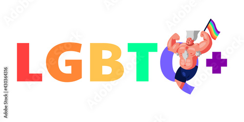 lgbtq+ rainbow text with a muscle gay man cartoon vector banner, lgbtq+ words with homosexual character on white background.