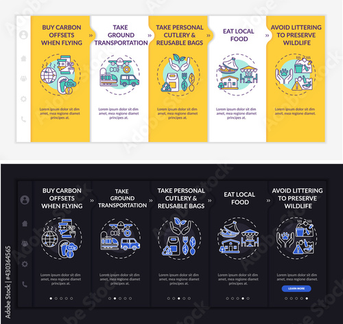 Sustainable tour tips onboarding vector template. Responsive mobile website with icons. Web page walkthrough 5 step screens. Buy carbon offsets when flying color concept with linear illustrations