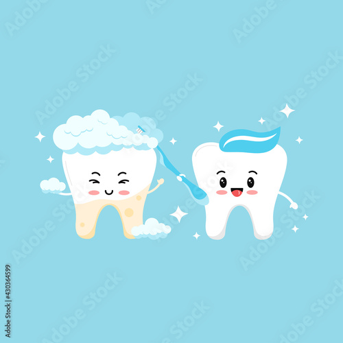 Tooth with yellow plaque becomes white with help of cute tooth boy with toothbrush. Flat design cartoon kawaii character vector illustration. Brush your teeth cleaning and whitening concept.