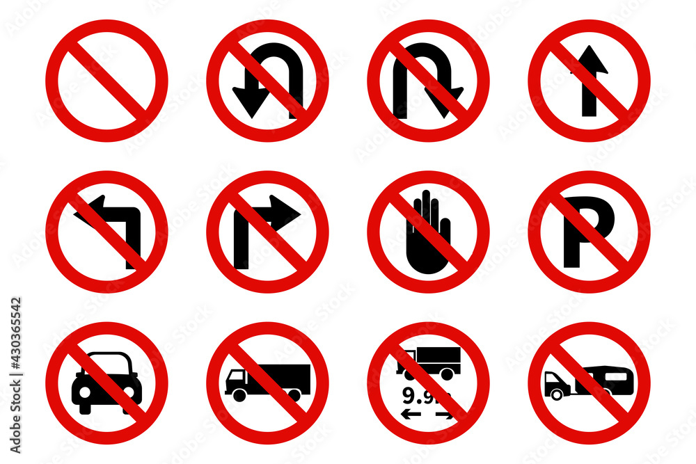 Forbidden Traffic Signs vector icons set, run Highway road prohibited beware cross, Prohibition symbols collection. Forbidden Traffic Signs vector icons set, run Highway road prohibited beware cross, Prohibition symbols collection.