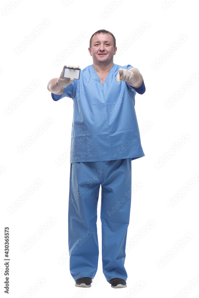doctor showing his business card. isolated on a white background. doctor showing his business card. isolated on a white background.
