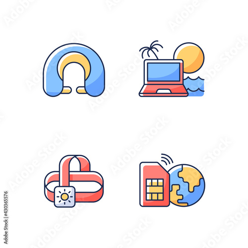 Nomadic lifestyle RGB color icons set. Roadtrip gear. Neck pillow. Laptop for digital nomad. Headlamp, global sim card. Camping trip necessities. Summer vacation. Isolated vector illustrations