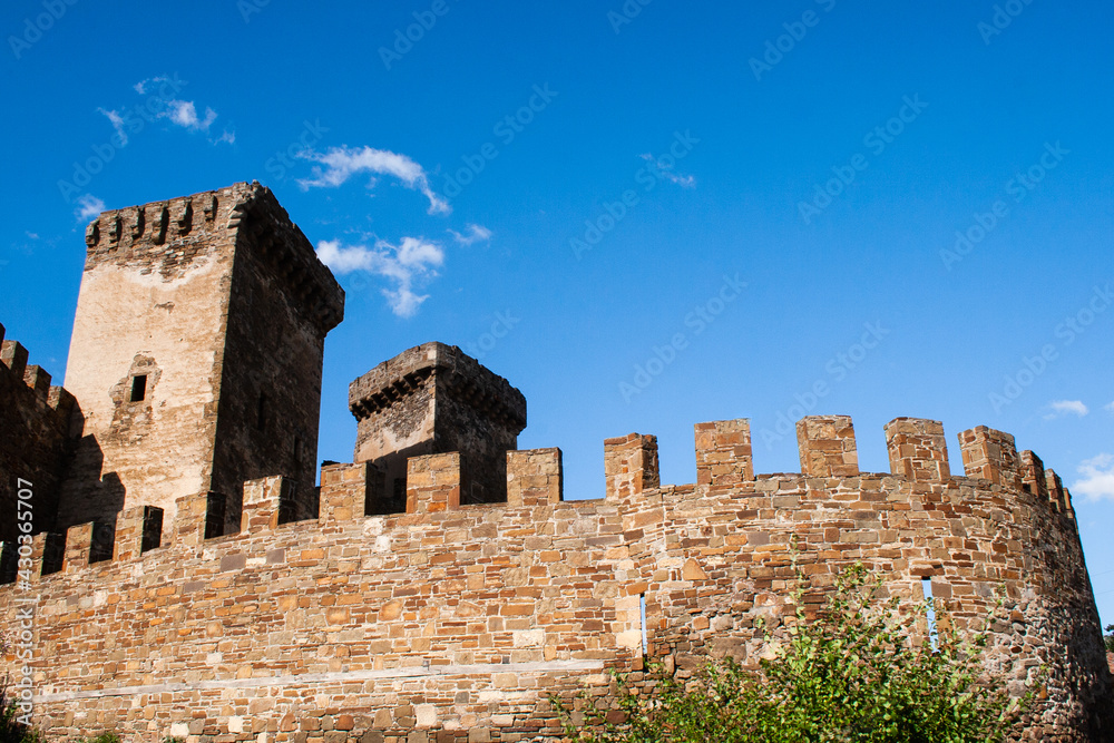 The ruins of a medieval fortress on Black Sea shore, Sudak, Crimea, Ukraine