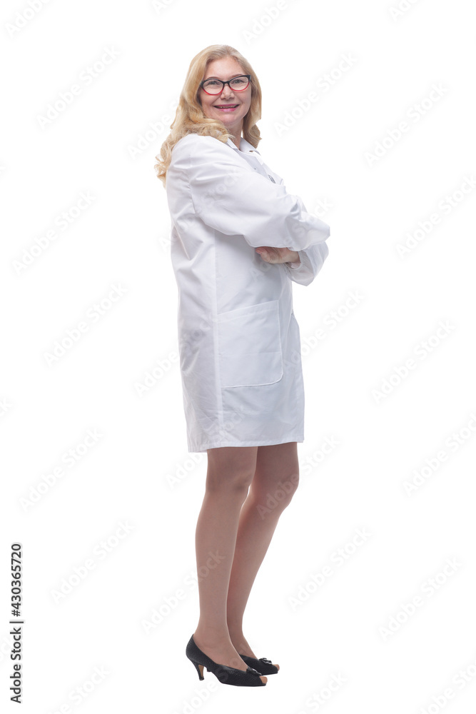smiling female medic looking at you . isolated on a white background. smiling female medic looking at you . isolated on a white background.