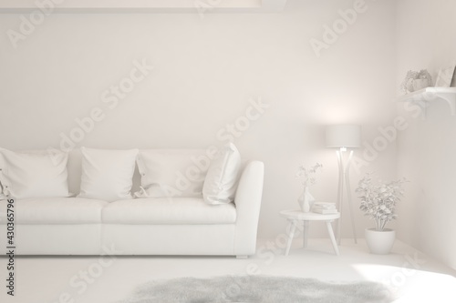Mock up of minimalist living room in white color with sofa. Scandinavian interior design. 3D illustration