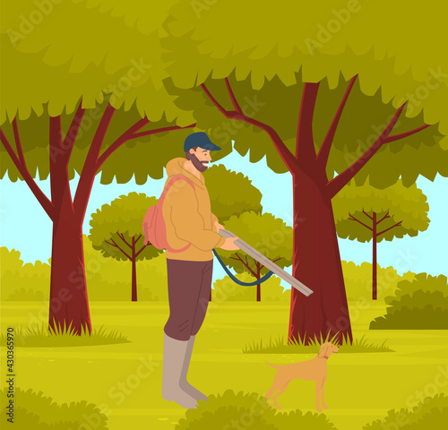 Man with gun walks through woods. Hunter goes with his hunting dog in forest. Hunting animals concept. Male character on hunt holding double-barreled shotgun. Owner of dog walks in forest with weapon