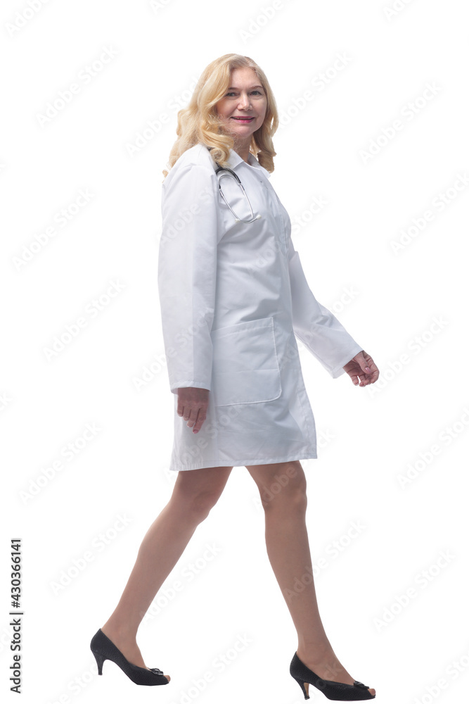successful woman doctor stepping forward . isolated on white background. successful woman doctor stepping forward . isolated on white background.