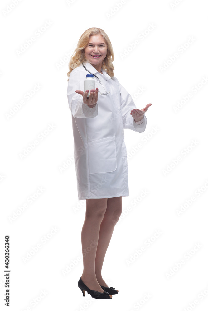 smiling woman holding out a disinfectant . isolated on a white background. smiling woman holding out a disinfectant . isolated on a white background.