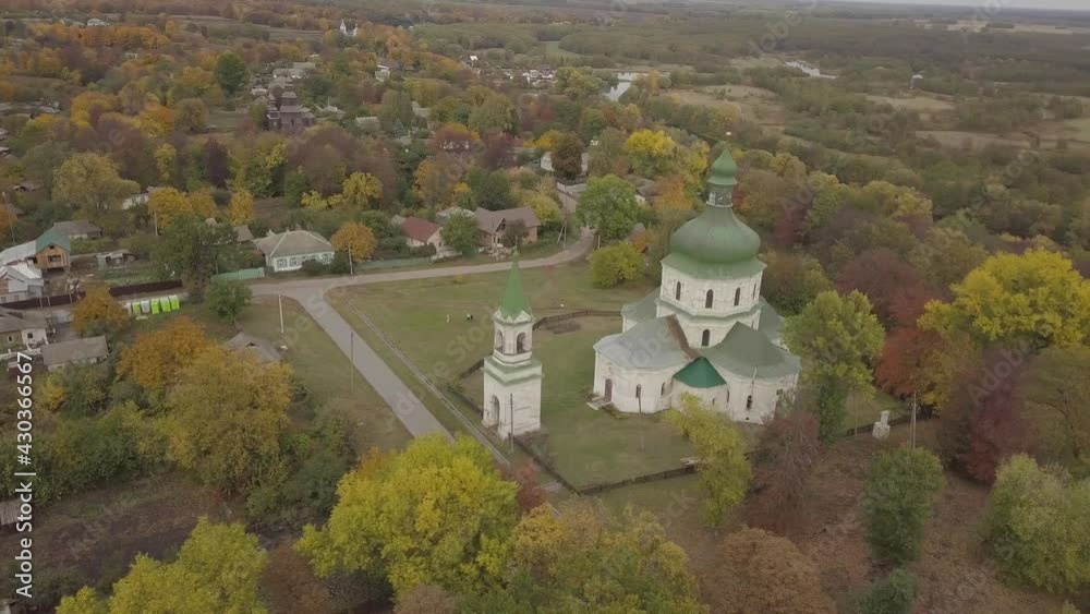 Aerial to village Sedniv and church of the Resurrection Ukraine Aerial to village Sedniv and church of the Resurrection Ukraine