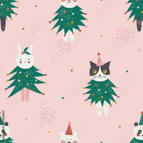 Funny animals in party costume of Christmas tree vector seamless pattern. Holly Bunny Cat Bear Panda wear Xmas pine suit background. Seasonal winter holidays animalistic print design 