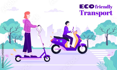 A girl and a boy riding electric bike and scooter in a park. Environmentally-conscious travel choices, including electric vehicles, scooters, and bicycles. Eco-friendly transportation