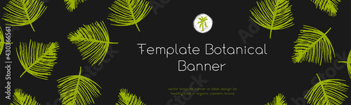 Template exotics banner design. Vector palm leaf pattern for organic creamy cosmetics, organic acid cosmetic, natural makeup packaging. Sage green color. Herbal pattern for healthy care design.