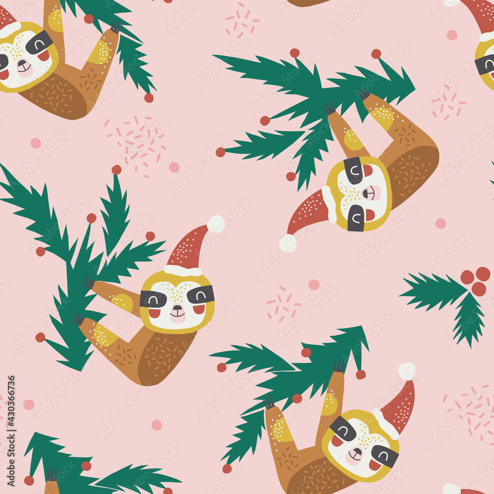 Fototapeta premium Merry Christmas sloth hanging on fir tree branch vector seamless pattern. Funny decorative party animal background. Holly Xmas print design for kids. 