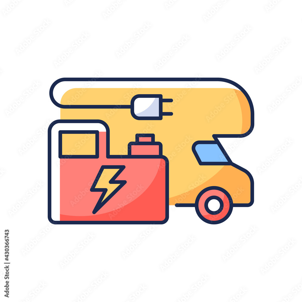 RV power generators RGB color icon. Electricity supply. Portable technology for trailer. Roadtrip gear. Nomadic lifestyle. Camping trip necessities for traveler. Isolated vector illustration