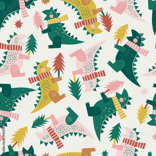 Winter dino with Christmas tree seamless vector pattern. Festive dinosaur decorative background for kids. Merry Xmas Jurassic party animalistic childish print design.