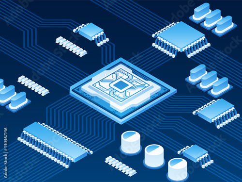 Isometric vector illustration of semiconductor, crystalline solids intermediate