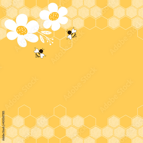 Beehive honeycomb with hexagon grid cells and bee cartoons on yellow background vector illustration.