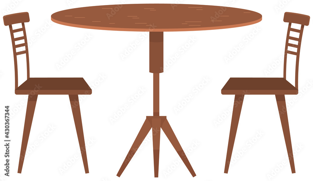 Round table and chairs for cafe, restaurant terrace or home interior. Cartoon furniture or decoration icon. Kitchen or dining room furniture vector illustration. Wooden dining table with chairs