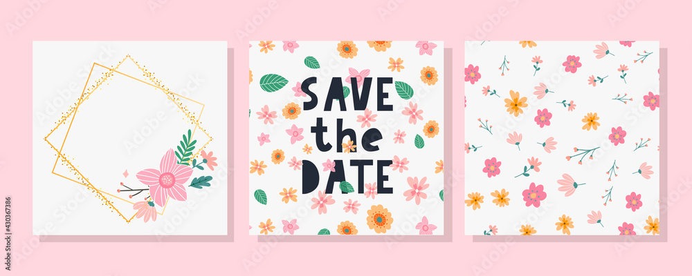 Charming Save the Date Lovely spring concept card. Awesome flowers and birds made in watercolor technique. Bright romantic card with summer flowers in vector background