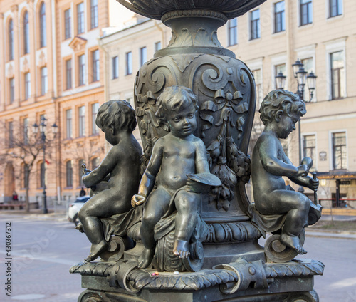 Saint Petersburg, Russia, Decorative lantern near the Stieglitz Academy, detail. The architecture of Saint-Petersburg.