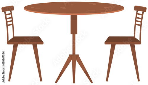 Round table and chairs for cafe, restaurant terrace or home interior. Cartoon furniture or decoration icon. Kitchen or dining room furniture vector illustration. Wooden dining table with chairs