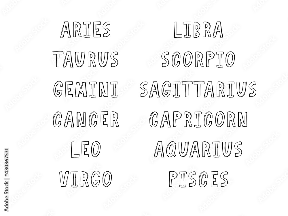Zodiac lettering Vector Sign. Cartoon astrology text illustration. Horoscope handwritten icon set. Zodiac lettering Vector Sign. Cartoon astrology text illustration. Horoscope handwritten icon set.