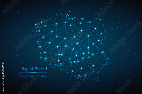 Abstract map of Poland geometric mesh polygonal network line, structure and point scales on dark background. Vector illustration eps 10