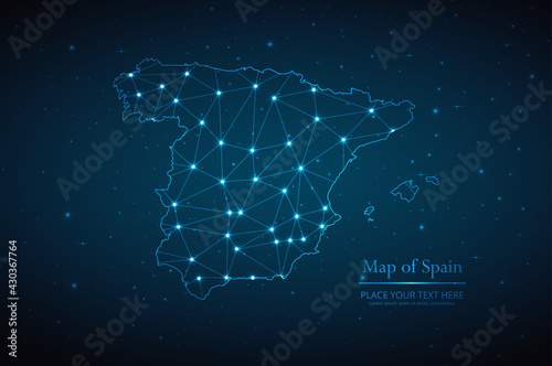 Abstract map of Spain geometric mesh polygonal network line, structure and point scales on dark background. Vector illustration eps 10