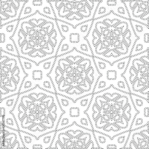  Geometric vector pattern with triangular elements. Seamless abstract ornament for wallpapers and backgrounds. Black and white colors.