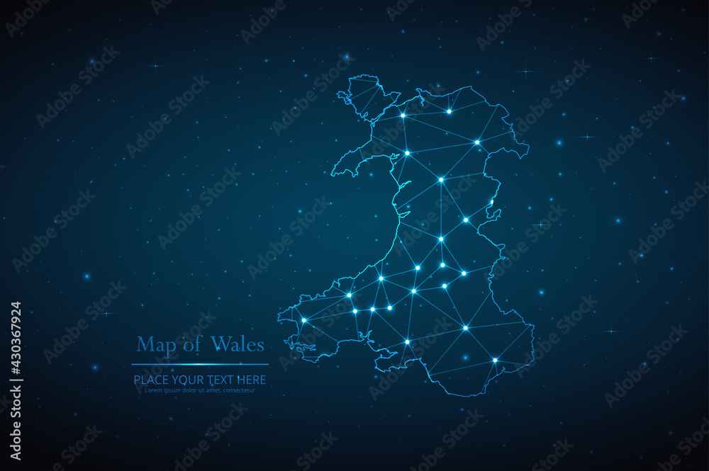 Abstract map of Wales geometric mesh polygonal network line, structure and point scales on dark background. Vector illustration eps 10