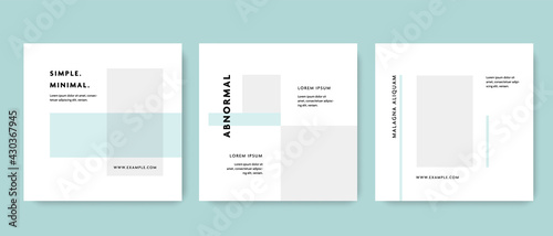 Clean editable social media set layouts with place for photos, square business graphic templates for instagram and facebook, elegant soft blue design with minimalistic style