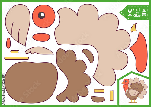 Preschool paper puzzle. Kids education cut and glue applique game. Template for child craft. Vector illustration of cute cartoon Turkey.