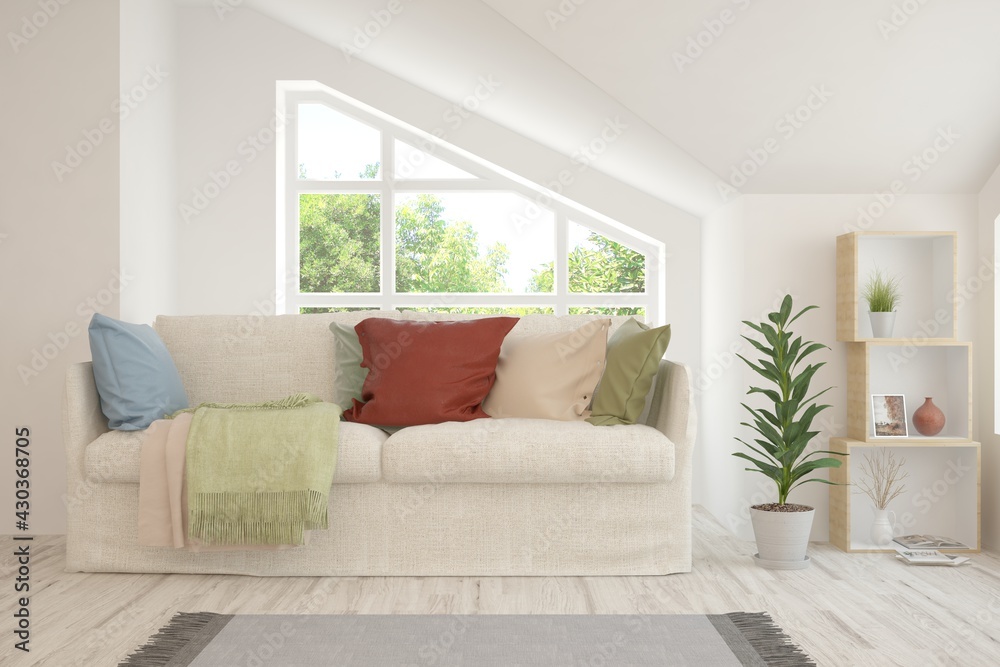 Fototapeta premium Minimalist living room in white color with sofa and summer landscape in window. Scandinavian interior design. 3D illustration