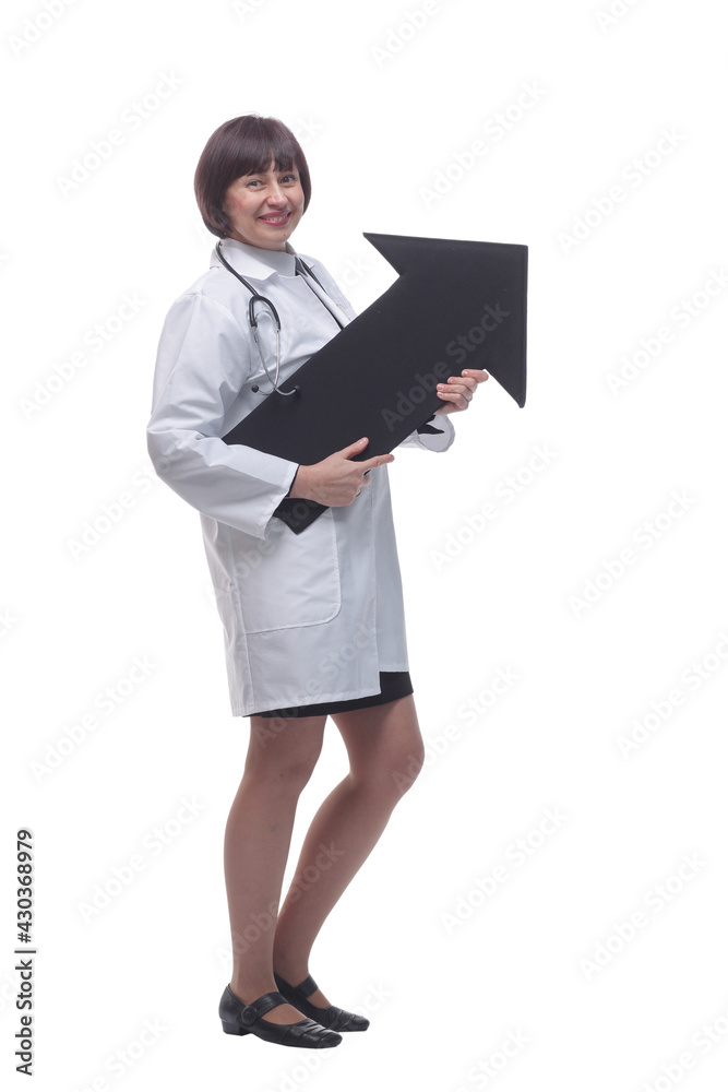 female doctor with an arrow pointing in the right direction. female doctor with an arrow pointing in the right direction.