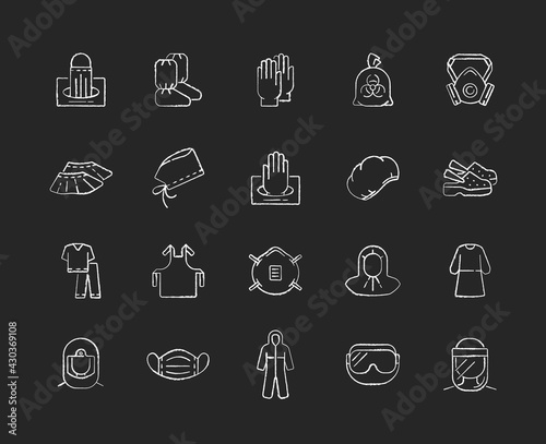 Medical PPE chalk white icons set on black background. Surgical cap. Boot covers. Disposable gloves. Infectious waste bag. Masks in box, respirator. Isolated vector chalkboard illustrations