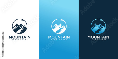 Mountain logo with circle line art concept, badge, outdoor, outline, climb, Premium Vector