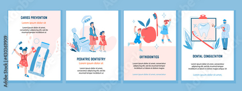 Set banners or flyers for Pediatric dentistry with children visiting dentist office. Dental services for kids. Posters for children oral healthcare and dentistry, vector cartoon illustration.