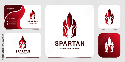 Sparta logo with unique concept, head, trojan, red, helmet, Premium Vector