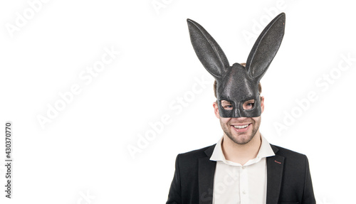 Businessman in bdsm mask. Bunny man in rabbit mask. Playboy. Sexy game, copy space © Olena