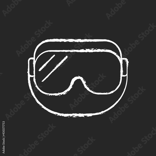 Medical goggles chalk white icon on black background. Medical equipment for eye protection. Protective wear for work in laboratory. Disposable PPE. Isolated vector chalkboard illustration