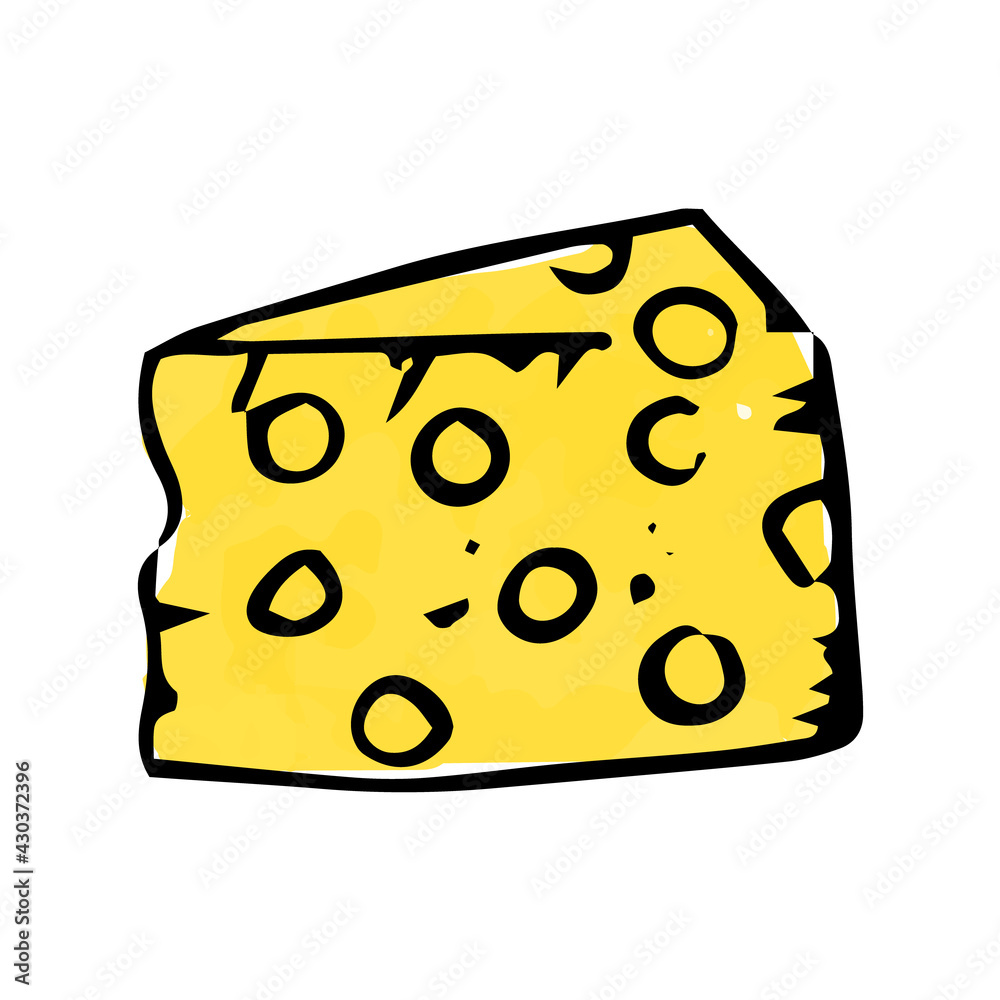 A piece of cheese hand-drawn in the style of a doodle. Hand-drawn cheese icon A piece of cheese hand-drawn in the style of a doodle. Hand-drawn cheese icon