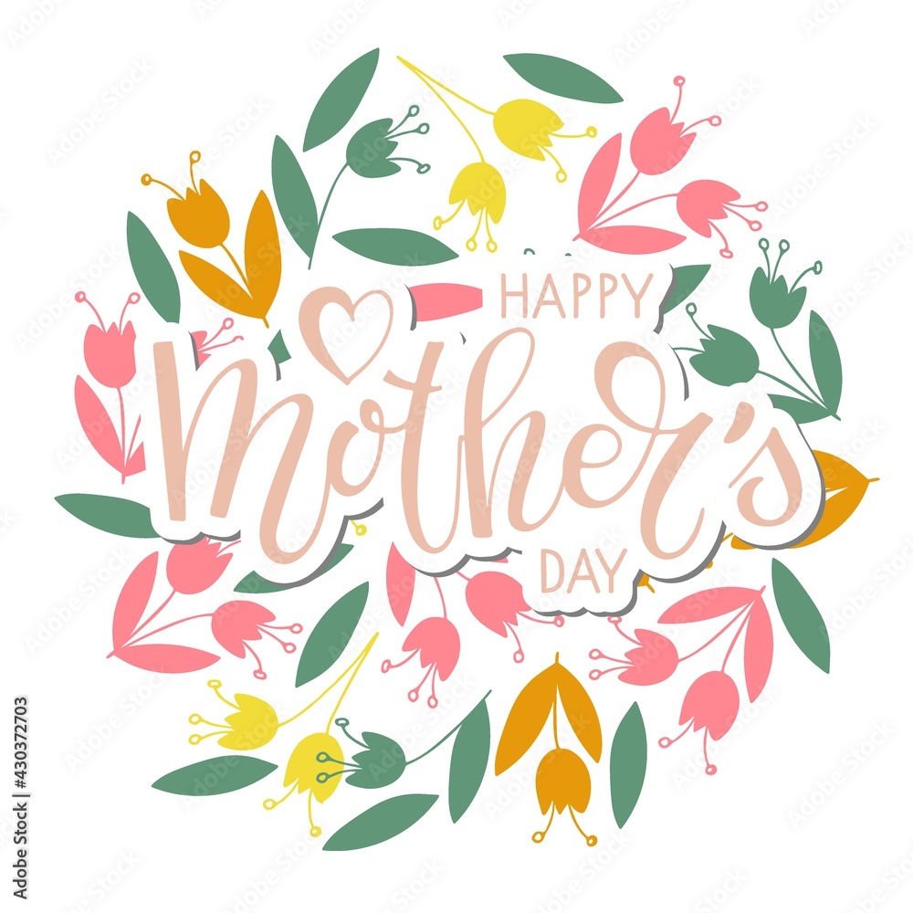 Happy Mothers Day sricker with flowers. Handwritten calligraphy text vector illustration. Mother's day card. Modern brush calligraphy. Sublimation print for mug, t-shirt, brochure, poster, label