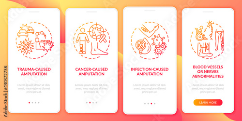 Amputation reasons onboarding mobile app page screen with concepts. Trauma, bone tumor walkthrough 4 steps graphic instructions. UI, UX, GUI vector template with linear color illustrations © bsd studio