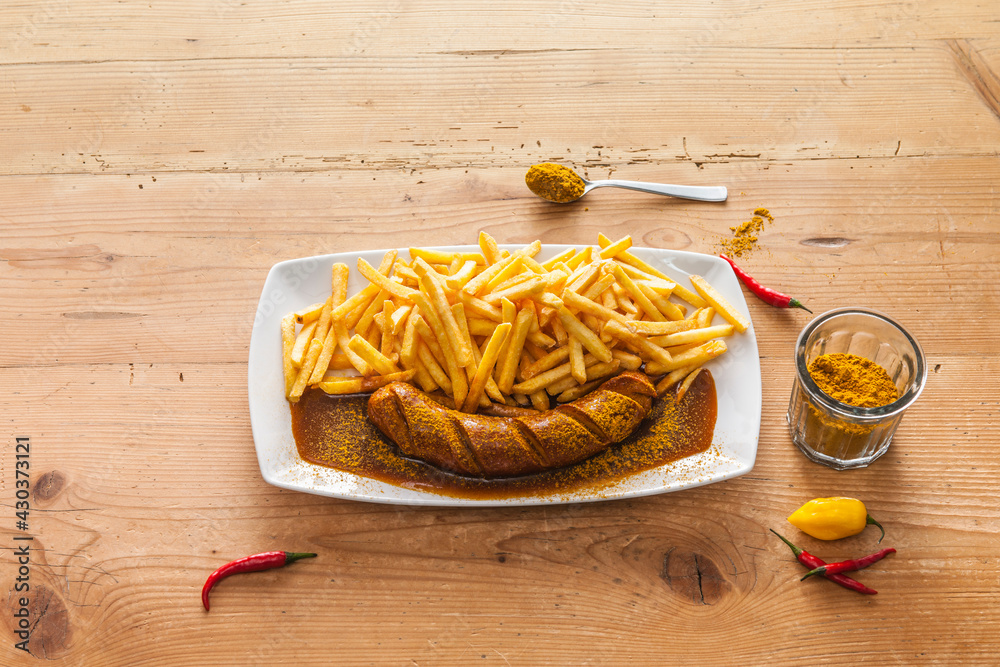 Currywurst am Stück mit Pommes auf weißem Teller und Holztisch Stock 写真 ...