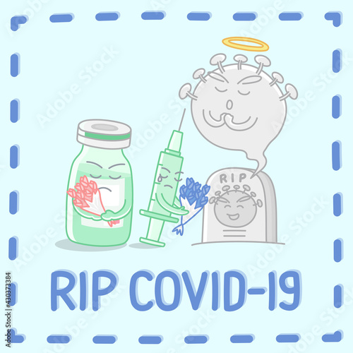 Design elements vector of vaccine and coronavirus cartoon characters in cute actions, RIP COVID-19, Bye bye COVID-19.